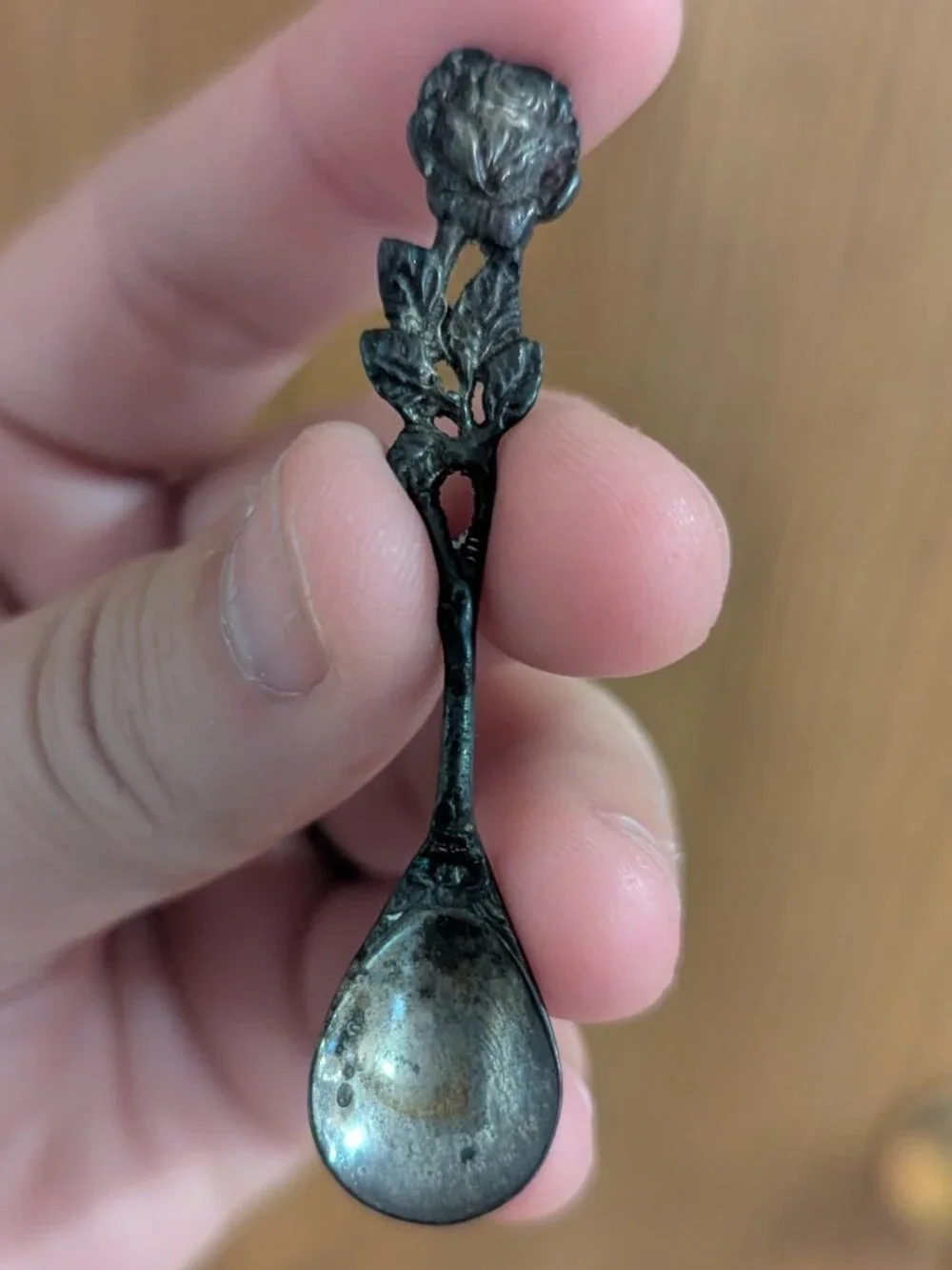 Antique Silver 830 Rose‎ Floral Salt Spoon Ornate Beautiful 2.5